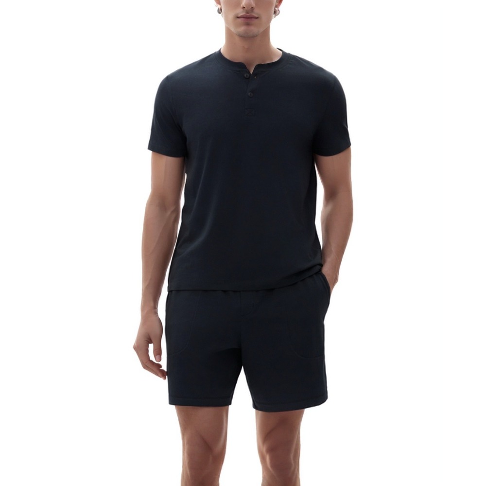 Gap 2PC Pajama Shorts Set Mens Large‎ Black Henley Top Lounge Sleepwear PJs NWT